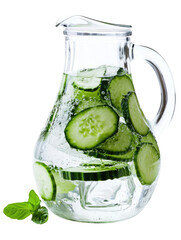 Crisp cucumber and mint-infused water in a clear jug, ideal for hydration on a transparent background.