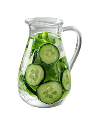 Crisp cucumber and mint-infused water in a clear jug, ideal for hydration on a transparent background.