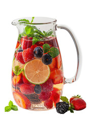 A colourful jug of water infused with forest fruits and citrus slices. - obrazy, fototapety, plakaty