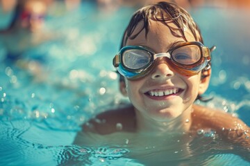 Fototapeta premium A little swimmer, a boy swims in the pool with goggles for swimming above the water. portrait of a contented child. water treatments, a kind of sport.