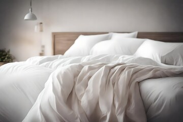 Soft-focus image of a bed with percale sheets, creating a dreamy and comfortable atmosphere.
