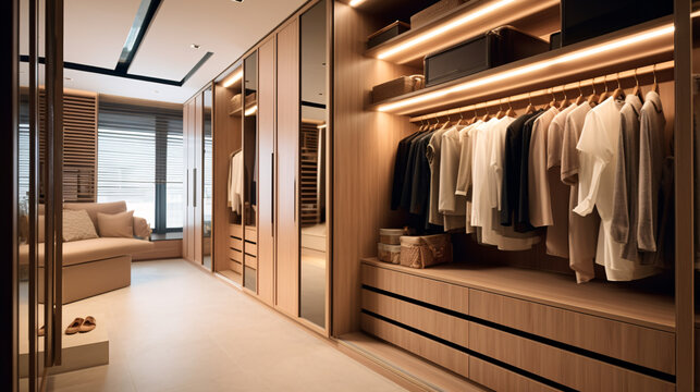 Modern luxury style warm wood walk in closet, minimal walk in wardrobe dressing room interior.