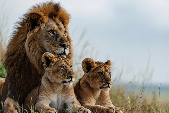 Lovely lion family endangered animal wildlife, lion father with cubs.