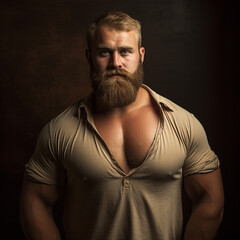Fototapeta premium portrait of blond mature man, beefy rotund handsome male persona. style, elegant, crew cut, full beard, smile. gentle, loving, kind, tender guy. earth tones, dark background.