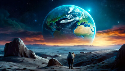 Lunar landscape with the earth in the distance with a wonderful sunset and an elephant walking towards the earth planet alone. Artistic Image. Concept of life beyond our planet.