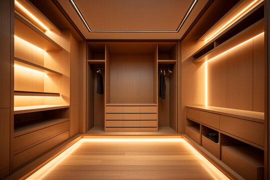 Walk in closet interior design, empty warm wooden walk in wardrobe in modern luxury and minimal style.