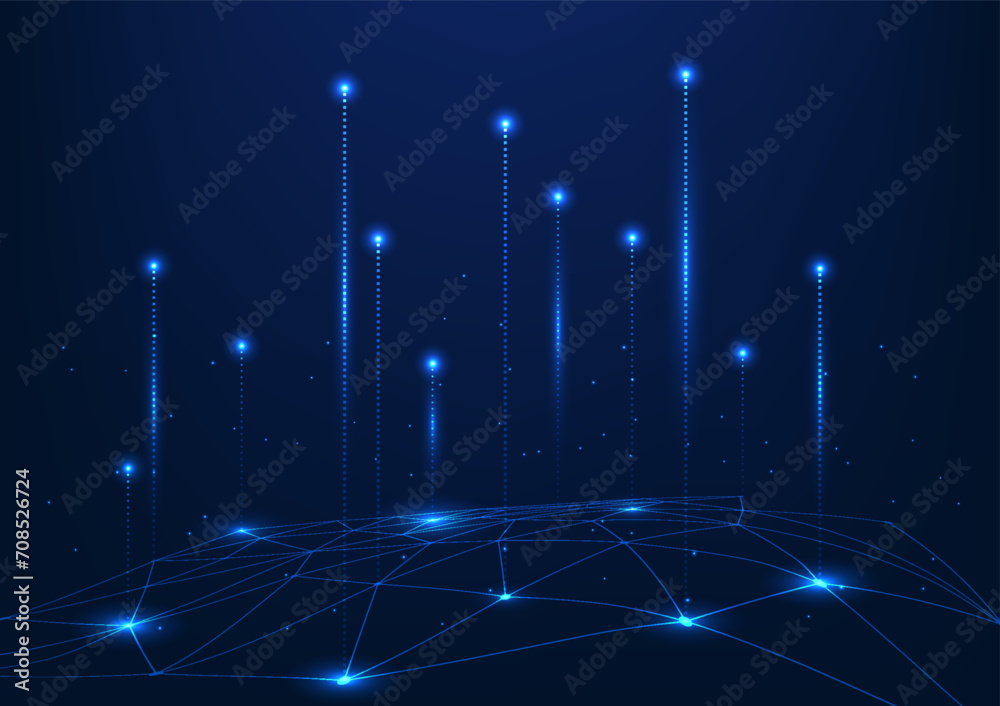 Poster abstract background technology, composition of geometric lines connected to illuminated data lines. 