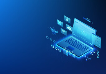 Computer technology background, Laptop login screen with data and software download status elements that shows work, Isometric image, Blue background, vector illustration