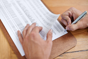 Fototapeta premium Hands, accountant and signature on business document, form validation or financial contract. Closeup, auditor writing and sign paperwork with pen in agreement, investment and deal at table in office