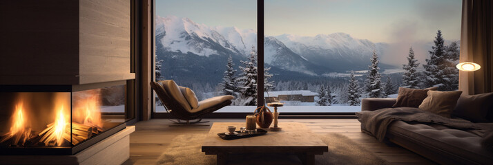 Fireplace inside a chalet with view of the mountains. Holidays in the mountains