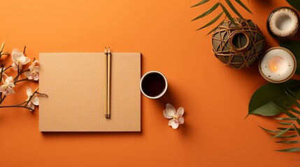 Stylish Workspace with Coffee, Gold Pens, and Eucalyptus on Orange Background - Top View Office Composition