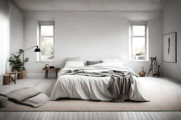 Fototapeta na wymiar A minimalist bedroom with monochromatic sheets, emphasizing simplicity and elegance.