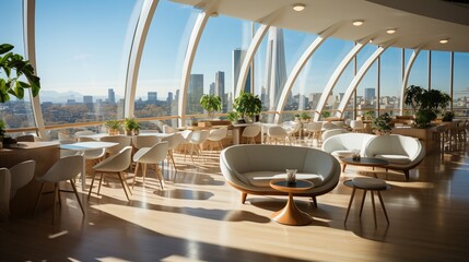 Fototapeta premium Modern restaurant interior with city view