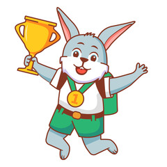 Happy cute kid dog win game gold trophy.Little dog character with gold medal holding up a gold cup trophy.Animal sport winner.Isolated on white background.Cartoon vector illustration.