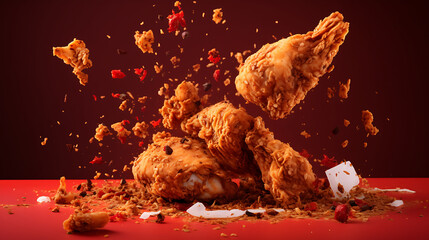 Commercial food photography; crispy and crunchy fried chicken surrounded by spices flying in the air against a plain red background, studio light