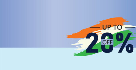 20 percent discount off banner, exclusive banner design captures the essence of the Indian flag – Saffron, White, and Green, symbolizing the spirit of freedom and unity ,illustration flat design