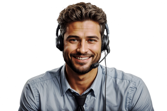 Smiling man  while wearing the headphones  ,Customer service professional in a call center ,portrayed in a PNG image Ideal for technical support, contact us, and consultant agent visuals, isolated