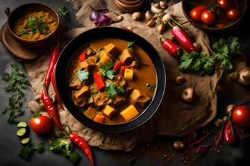 A  of simmering curry with vibrant vegetables, releasing a rich and aromatic fragrance.