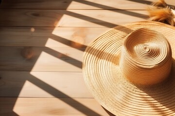 A straw hat lying on a summer terrace on a sunny day