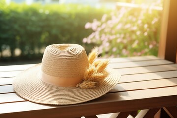 A straw hat lying on a summer terrace on a sunny day