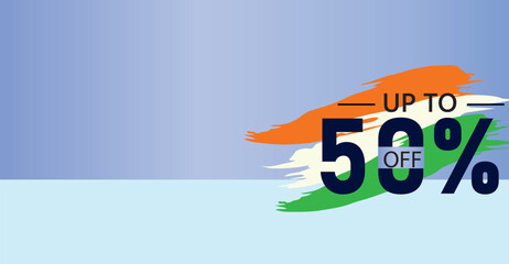 50 percent discount off banner, exclusive banner design captures the essence of the Indian flag – Saffron, White, and Green, symbolizing the spirit of freedom and unity ,illustration flat design