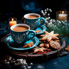 Obraz na płótnie Canvas A gingerbread cookies and hot chocolate in blue cup. Generative AI