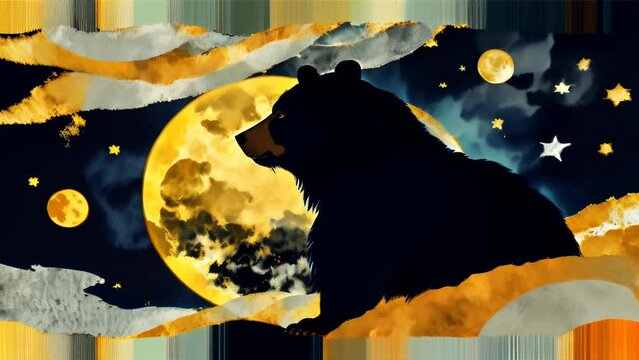 Artwork depicting a black bear howling towards the moonlit sky. The moon and stars shine brightly, highlighting the bear's silhouette. A river and mountains are in the background, evoking the beauty o