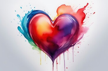 watercolor multicolors heart, cute love texture on white background