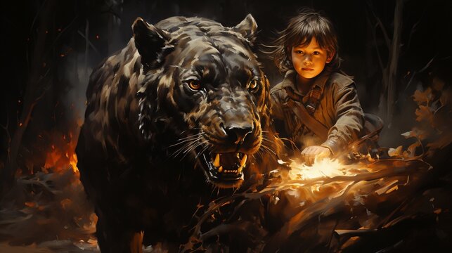 boy riding on the back of a panther through the fire meadow.