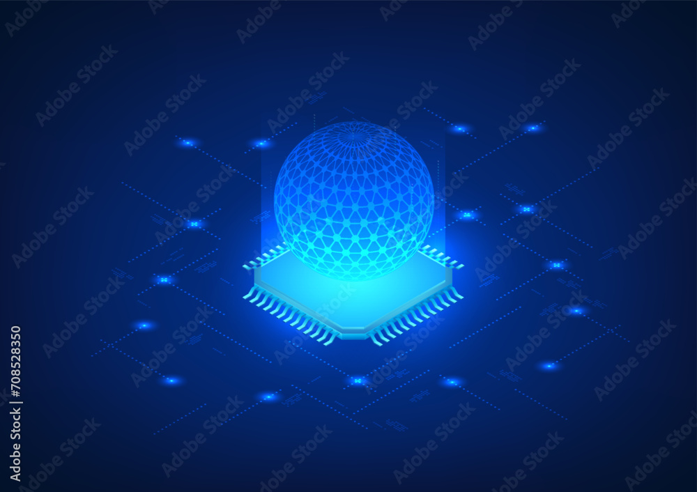 Poster technology background, microchip is a processor like the brain that controls information. effective 