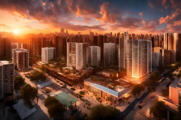 A panoramic view of the upgraded colony's skyline during a vibrant sunset, highlighting its architectural brilliance.
