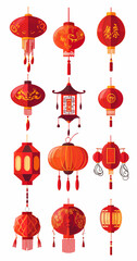 Fototapeta na wymiar Vector set of Chinese New Year icons, featuring paper lanterns and red lamps. Illustrations depict Asian Lunar New Year holiday decorations, reflecting the richness of Oriental cultural traditions