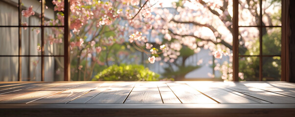 Naklejka na ściany i meble japan in the spring with cherry blossoms view blurred with bokeh out of open window