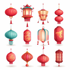 Fototapeta na wymiar Vector set of Chinese New Year icons, featuring paper lanterns and red lamps. Illustrations depict Asian Lunar New Year holiday decorations, reflecting the richness of Oriental cultural traditions