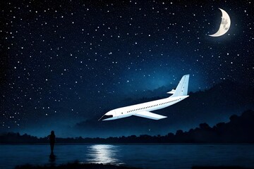 Moonlight casting an enchanting glow on an airpalan gliding through the night sky, its silhouette framed by a sea of stars.