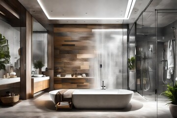 A spa-like bathroom featuring a ceiling-mounted rain shower and soothing recessed lighting - obrazy, fototapety, plakaty