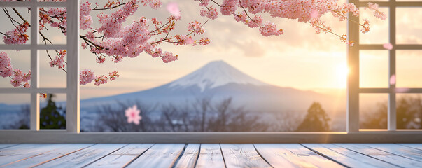 japan in the spring with cherry blossoms view blurred with bokeh out of open window