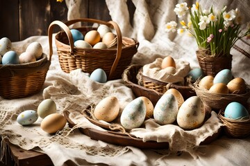 A rustic Easter picnic setting with a vintage blanket, woven baskets, and decorative eggs.