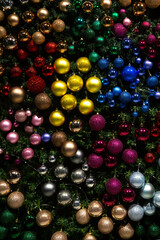 Christmas holiday background. Christmas balls of different colors. Textured, glossy toys for the Christmas tree. Banner design.