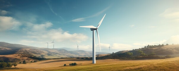 Wind turbine in beautiful landscape, production of clean and renewable energy, renewable and green energy concept. - obrazy, fototapety, plakaty