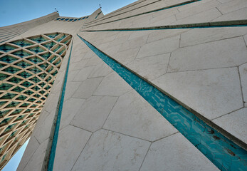 The Azadi Tower (Shahyad Tower). Details of Azadi tower. Black and white photo.
