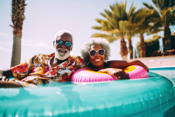 Elderly black laughing couple swimming in outdoor pool