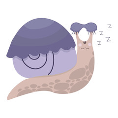 Cute cartoon snail sleeps under a blanket. Vector illustration isolated on white background.