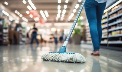 Close up photo of cleaner woman cleaning  floor with a wet mop in the store - obrazy, fototapety, plakaty