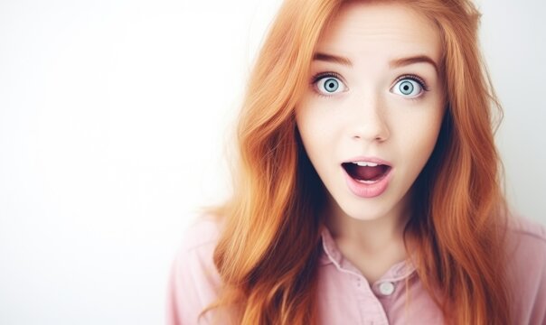 Close-up photo of young pretty surprised woman with opened mouth. Surprised expression concept