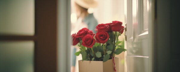 Pretty young woman receiving gift and a large bouquet of red roses at the door.