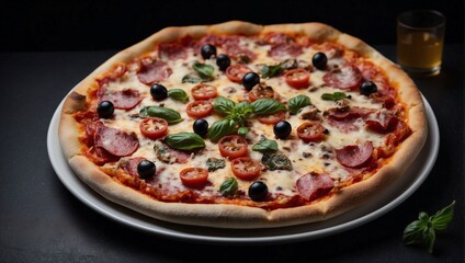 Italian Pizza on Presentation Plate on Black Background, Copy Space, Top View