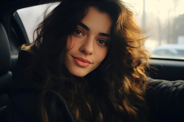 Fototapeta premium On-the-Go Glam: Brunette in Car Selfie