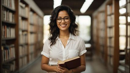 Photo of smiling latina businesswoman holding book with library background, world women's day