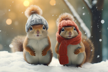 Obraz premium two christmas squirells wearing hats and scarves created using generative Ai tools 
